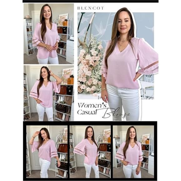 Womens 3/4 Bell Sleeve Fashion V Neck Lace Patchwork Blouse Casual Loose Shirt - Picture 5 of 5